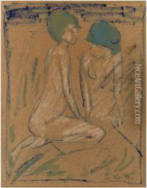 Zwei Weibliche Hockende Akte Oil Painting - Otto Mueller