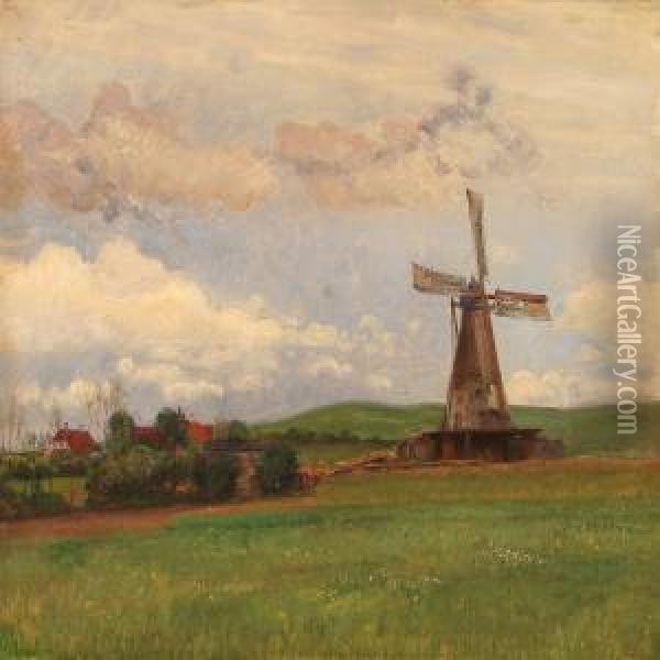 Summer Landscape With A Mill Oil Painting - Tom Petersen