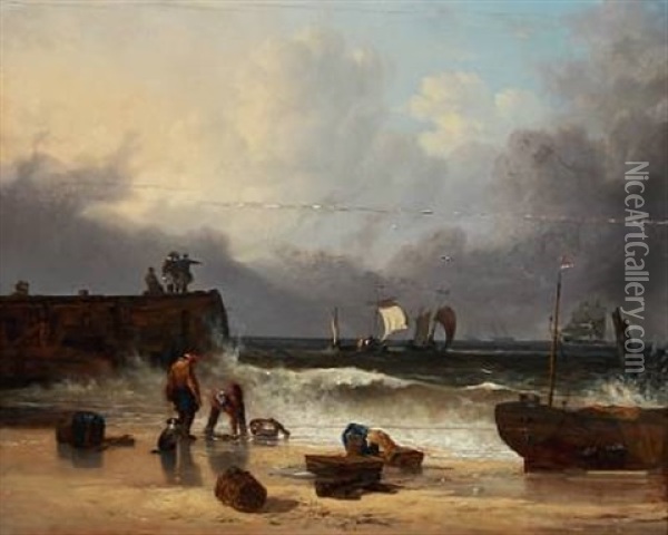 Costal View Of A Pier, Fischermen At The Beach And Boats On The Sea Oil Painting - Augustus Wall (Sir.) Callcott