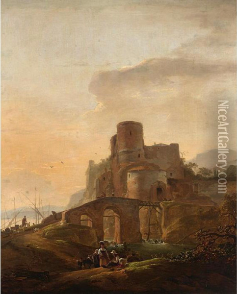 An Italianate Landscape With A 
Bridge And A Harbour Beyond, Some Herdsmen To The Foreground Oil Painting - Thomas Wyck