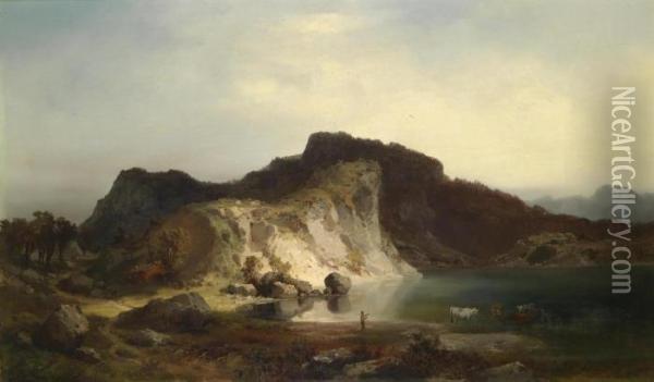 Herdsman On A Mountain Lake Oil Painting - Josef Brunner