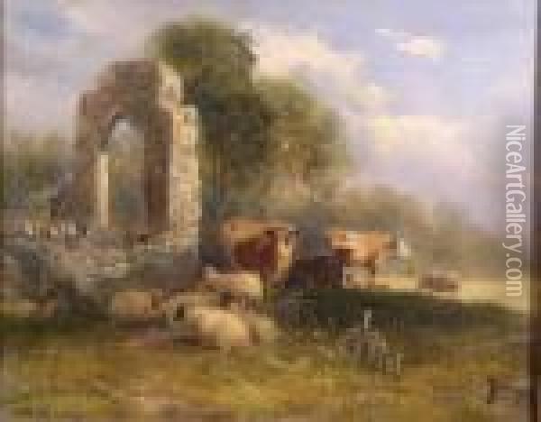 Cattle And Sheep In A Sunlit Meadow Oil Painting - Thomas Creswick