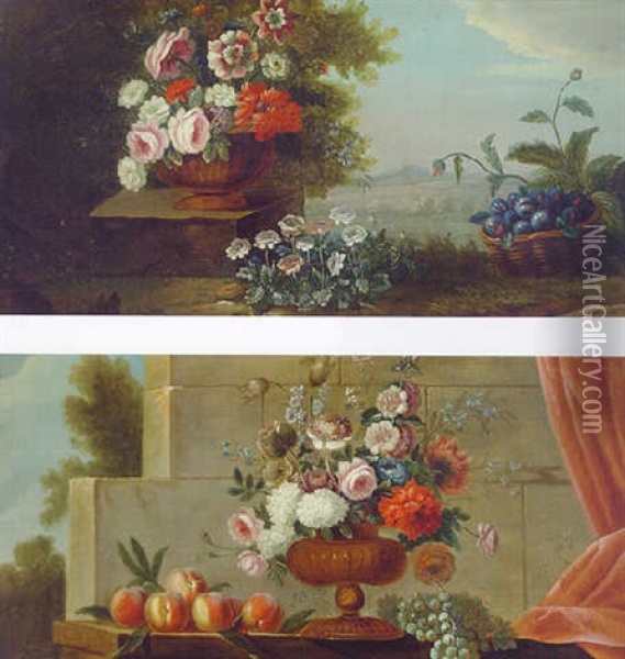 Flowers In An Urn On A Pedestal By A Basket Of Plums In A Landscape Oil Painting - Jean-Baptiste Belin de Fontenay the Elder