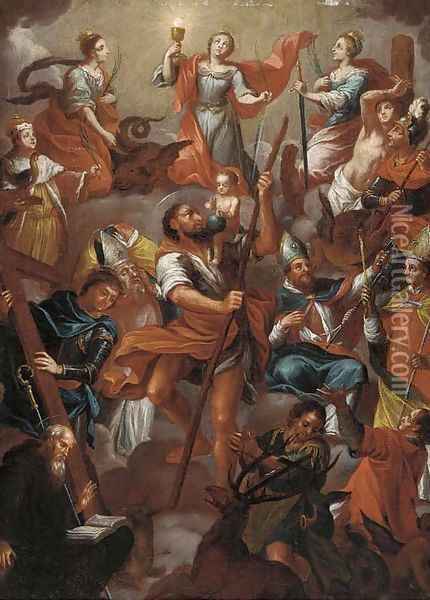 An assembly of Saints with Saint Christopher Oil Painting - Franz Anton Maulbertsch