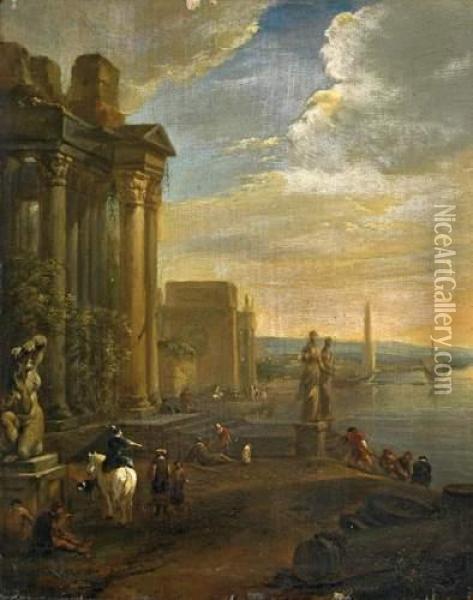 Travellers On An Old Dock Oil Painting - Jan Weenix