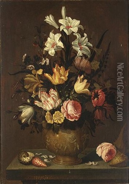 A Still Life With White Lilies, Tulips, Roses, Marigolds, Daffodils And Other Flowers In A Stone Vase, Together With A Rose And Shells On A Stone Ledge Oil Painting - Anthony Claesz the Younger