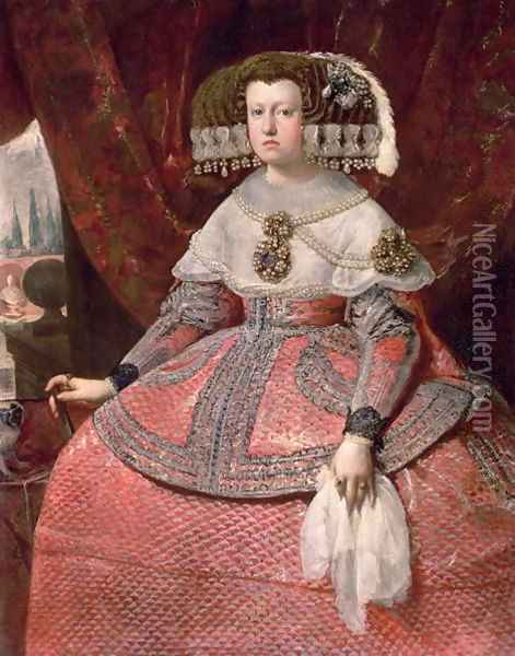 Queen Maria Anna of Spain in a red dress 1655 60 Oil Painting - Diego Rodriguez de Silva y Velazquez