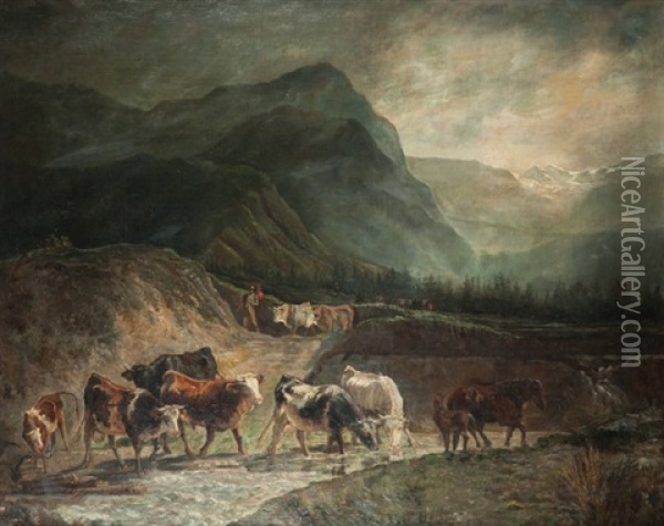 Vaches S'abreuvant Dans Les Alpes Oil Painting - Charles (Jean-Ch. Ferdinand) Humbert