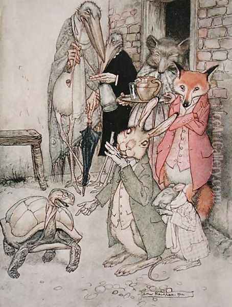 The Hare and the Tortoise, illustration from Aesops Fables, published by Heinemann, 1912 Oil Painting - Arthur Rackham