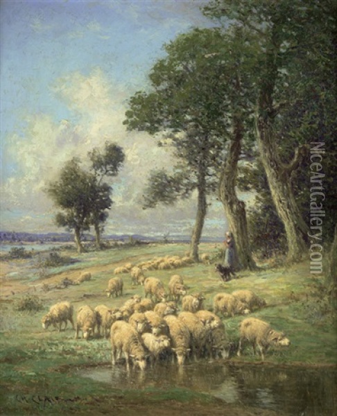 Schaferin Mit Ihrer Herde Bei Einem Teich Am Waldrand Oil Painting - Charles H. Clair
