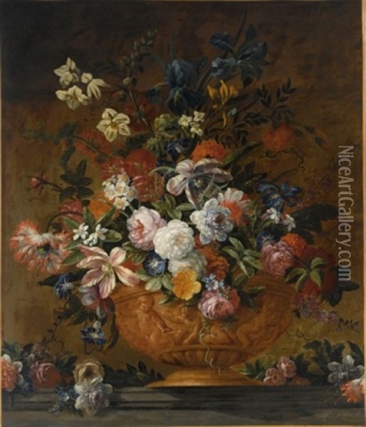 A Still Life With Roses, Tulips, Irisses, Poppy Anemones, Auricula, Hyacinths And Other Flowers, All In A Terracotta Sculpted Vase, On A Stone Ledge Oil Painting - Jean-Baptiste Monnoyer
