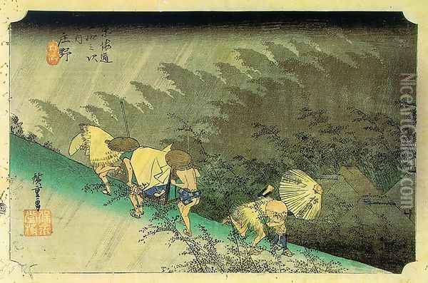 53 Stations on the Tokaido- Sudden Shower over Shono Oil Painting - Utagawa or Ando Hiroshige