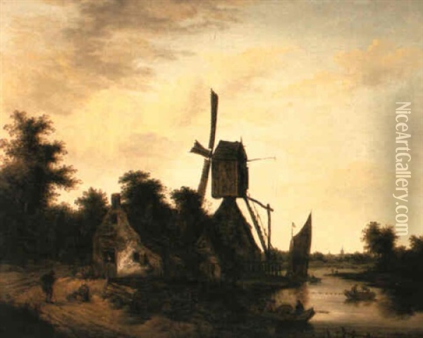 A River Landscape With A Windmill And Peasants Resting By Cottage Oil Painting - Isaac Van Ostade
