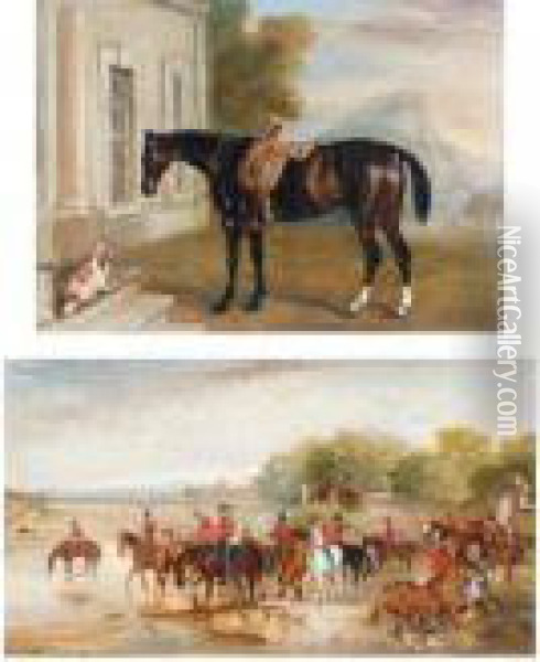 Light Dragoons Watering Their 
Mounts; And A Dark Bay Hunter Outside A House With A Spaniel Oil Painting - John Snr Ferneley