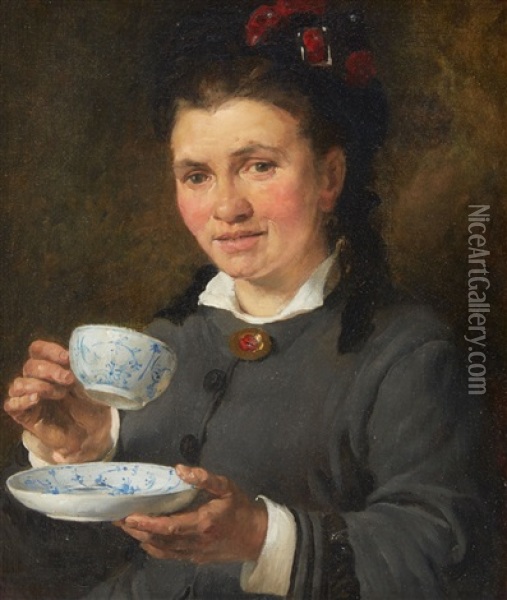 A Lady Drinking Tea Oil Painting - Konrad Weigand