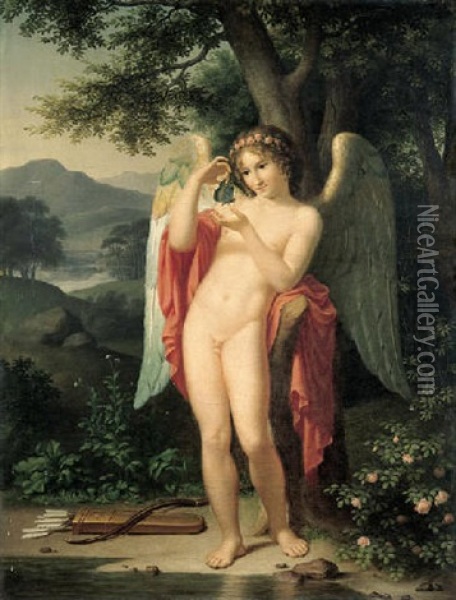 Cupid Holding A Butterfly Oil Painting - Christian Gottlieb Kratzenstein-Stub