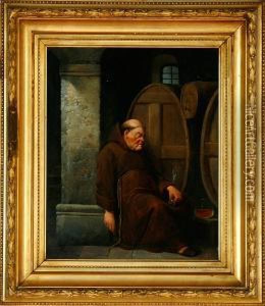 Sleeping Monk In A Wine Cellar Oil Painting - Christian Andreas Schleisner