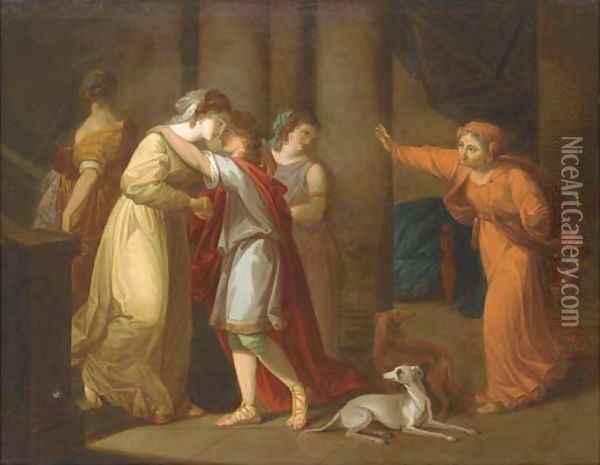 Classical figures in a bed chamber Oil Painting - Angelica Kauffmann