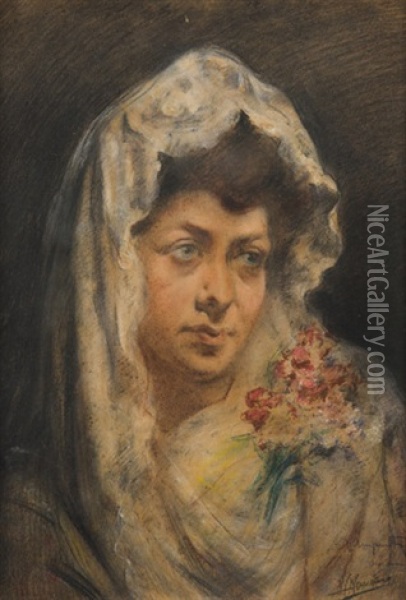 Mujer Con Mantilla (retrato De Amparo Tamarit) Oil Painting - Jose Navarro Llorens