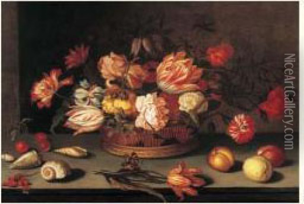 Nature Morte Au Panier De Fleurs, Fruits, Coquillages Et Papillon
 Sur Un Entablement Oil Painting - Balthasar Van Der Ast