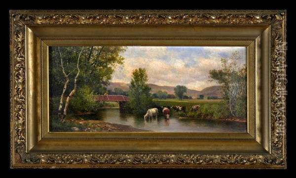 Mountain Landscape With Bridge And Cows Oil Painting - Charles Grant Beauregard