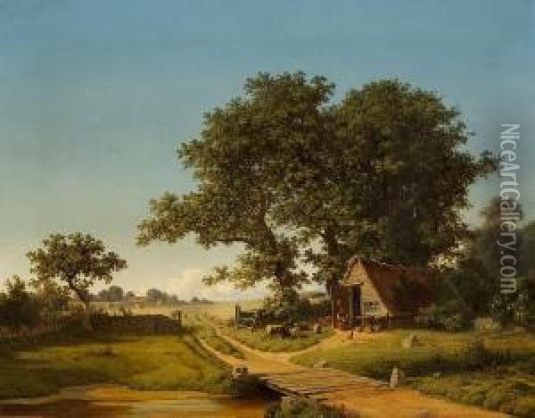 Landscape With A Woman Sitting In Front Of A Small Thatched House Oil Painting - Georg Emil Libert