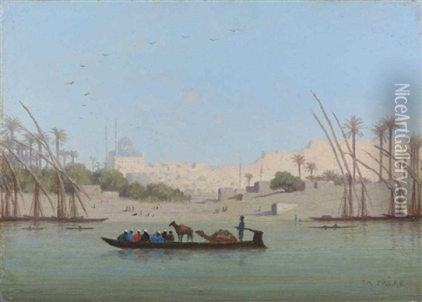 On The Nile, Mohamed Ali Citadel In The Background Oil Painting - Charles Theodore (Frere Bey) Frere