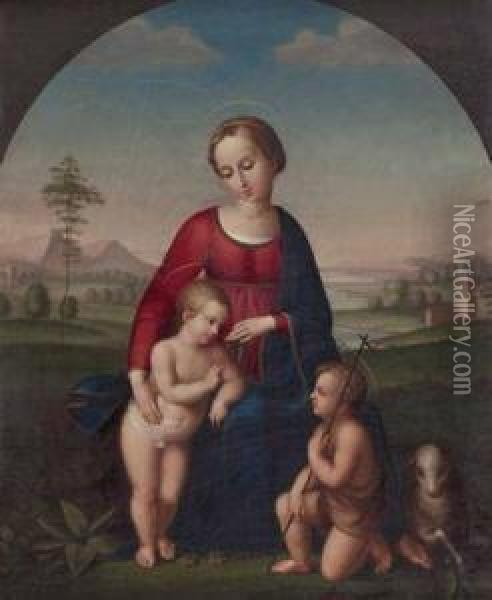 Madonna Mit Jesusund Johannesknaben In Landschaft Oil Painting - Johann Evangelist Scheffer Von Leonhardshoff