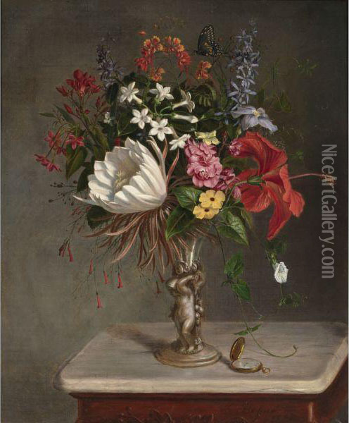 Flowers, Vase And Watch Oil Painting - Gustavus Adolphus Behne