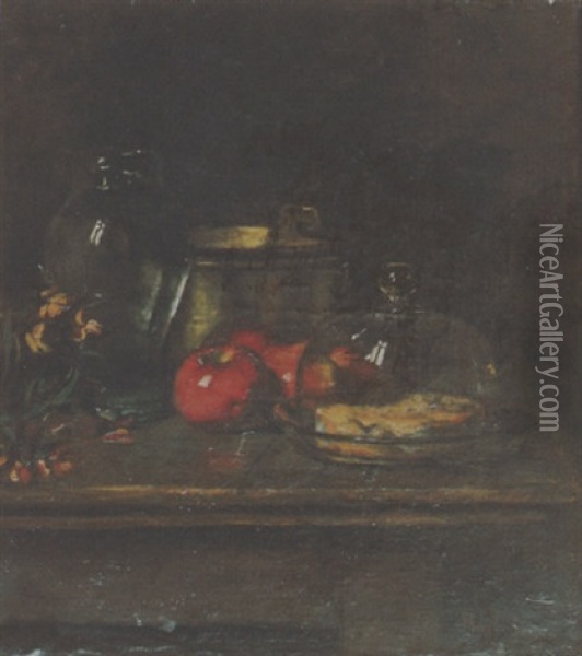 Nature Morte Au Cuivre, Aux Fruits Et A La Cloche A Fromage Oil Painting - Joseph Bail