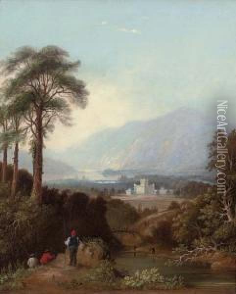 Fishermen By The River Tay, Perthshire, With Taymouth Castle Beyond Oil Painting - Charlotte Nasmyth