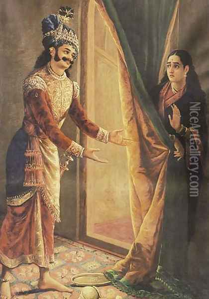 Keechaka and Sairandhri Oil Painting - Raja Ravi Varma