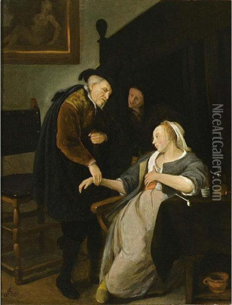 A Doctor Feeling The Pulse Of A 
Young Lady In An Interior, With An Old Woman Looking Onwards Oil Painting - Jan Steen