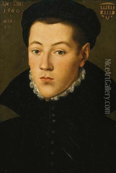 Portrait Of A Young Man (member Of The Overstolz De Efferen Family Of Cologne?) Wearing Black Costume With White Collar Oil Painting - Pieter Jansz Pourbus