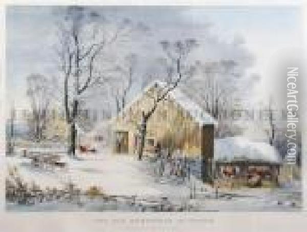 The Old Homestead In Winter. Oil Painting - Currier