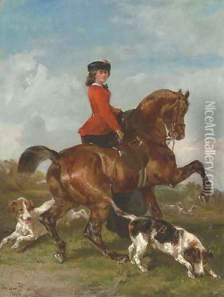 An Elegant young Lady out Hunting with Hounds Oil Painting - John Lewis Brown