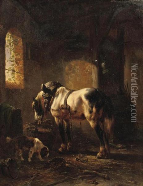 A Horse And A Dog In A Stable Oil Painting - Wouterus Verschuur