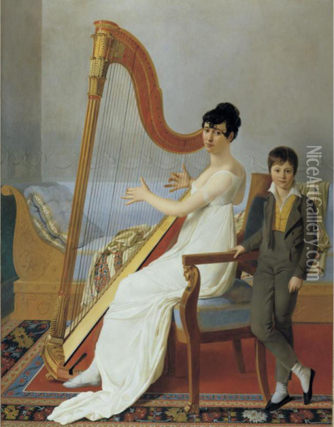 Portrait Of A Lady, Said To Be Madame Vigier And Her Son Oil Painting - Joseph Denis Odevaere