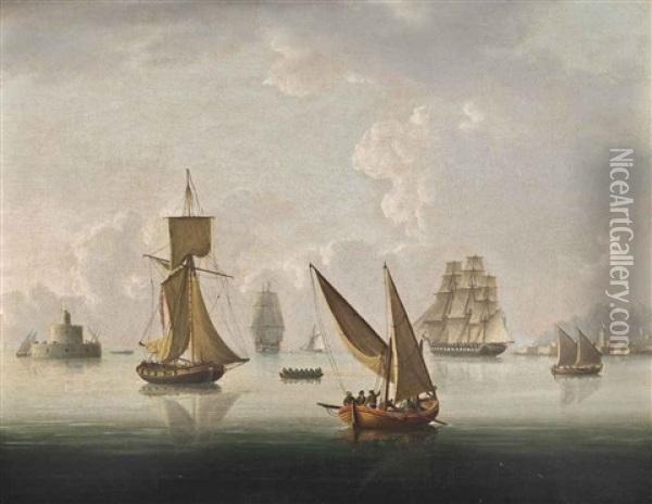 British Warships, An Armed Cutter And Xebecs Becalmed On The Tagus, Lisbon Oil Painting - Thomas Buttersworth