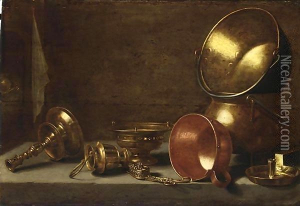 A Still Life With Copper Candlesticks, Pots And Pans On A Stone Ledge Oil Painting - Floris Gerritsz. van Schooten