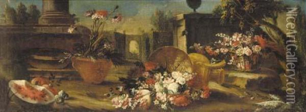 An Upturned Straw Basket With 
Carnations, Roses And Tulips With A Jug, Watermelon And A Further Basket
 Of Flowers Before A Pillar In A Formal Garden Oil Painting - Gasparo Lopez