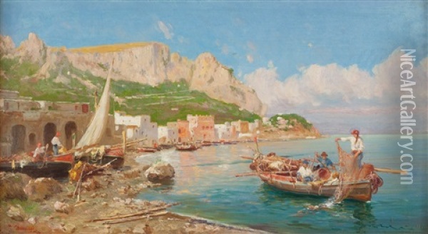 Marina Con Pescatori A Sorrento Oil Painting - Pietro Barucci