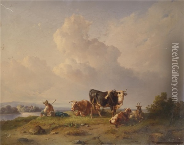 Rast Der Hirten Am Seeufer Oil Painting - Edmund Mahlknecht