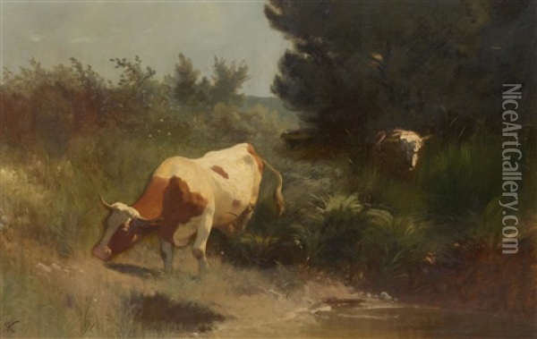 Two Cows At A Stream Oil Painting - Johann Rudolf Koller
