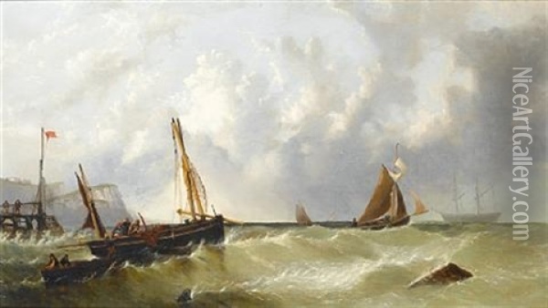 Fishermen At Work Off A Jetty In A Heavy Swell Oil Painting - James E. Meadows