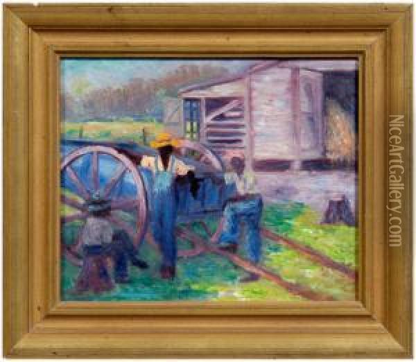 Three Black Farmers At Rest By A Wagon Oil Painting - Wilfred Thompson