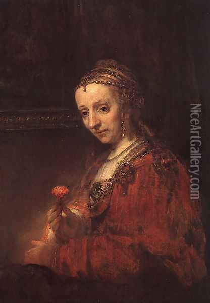Lady with a Pink Oil Painting - Rembrandt Van Rijn