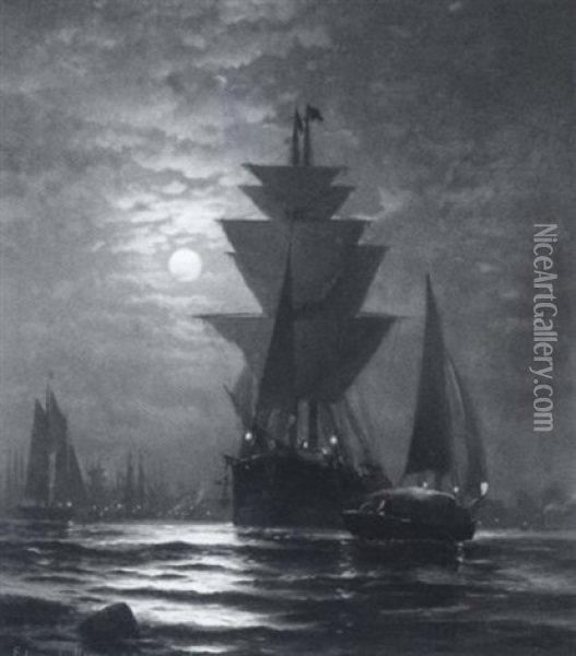 New York Harbor At Moonlight Oil Painting - Edward Moran