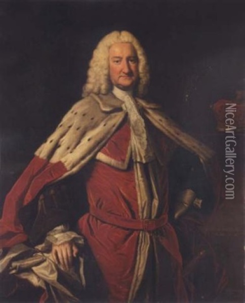 Portrait Of George Booth, 2nd Earl Of Warrington, Wearing Peer's Robes, His Coronet To The Right Oil Painting - Thomas Hudson