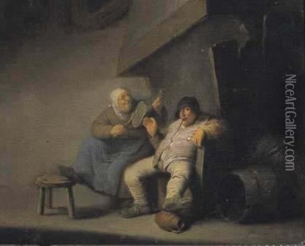 Coppia Di Paesani In Un Interno Oil Painting - Adriaen Jansz. Van Ostade